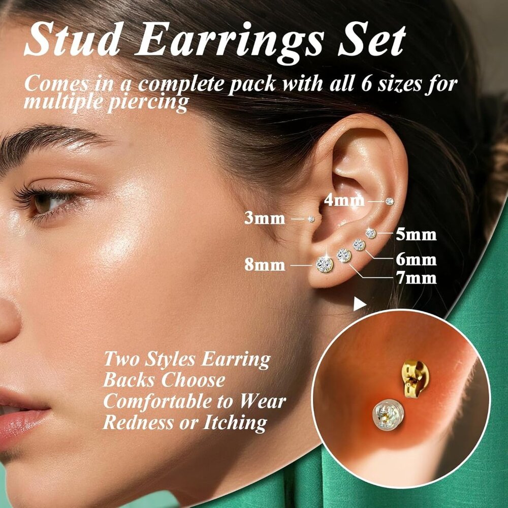Comfortable Push Back Stud Earrings Set 6 Pairs 2… - image 3